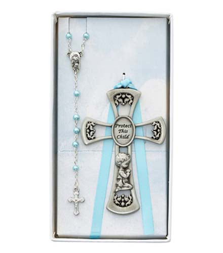 Blue Rosary & Boys Pewter Cross Set - no. BS11