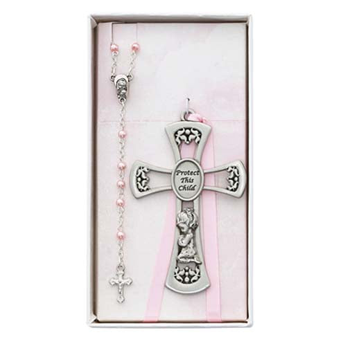 Pink Rosary & Girls Pewter Cross Set - no. BS10