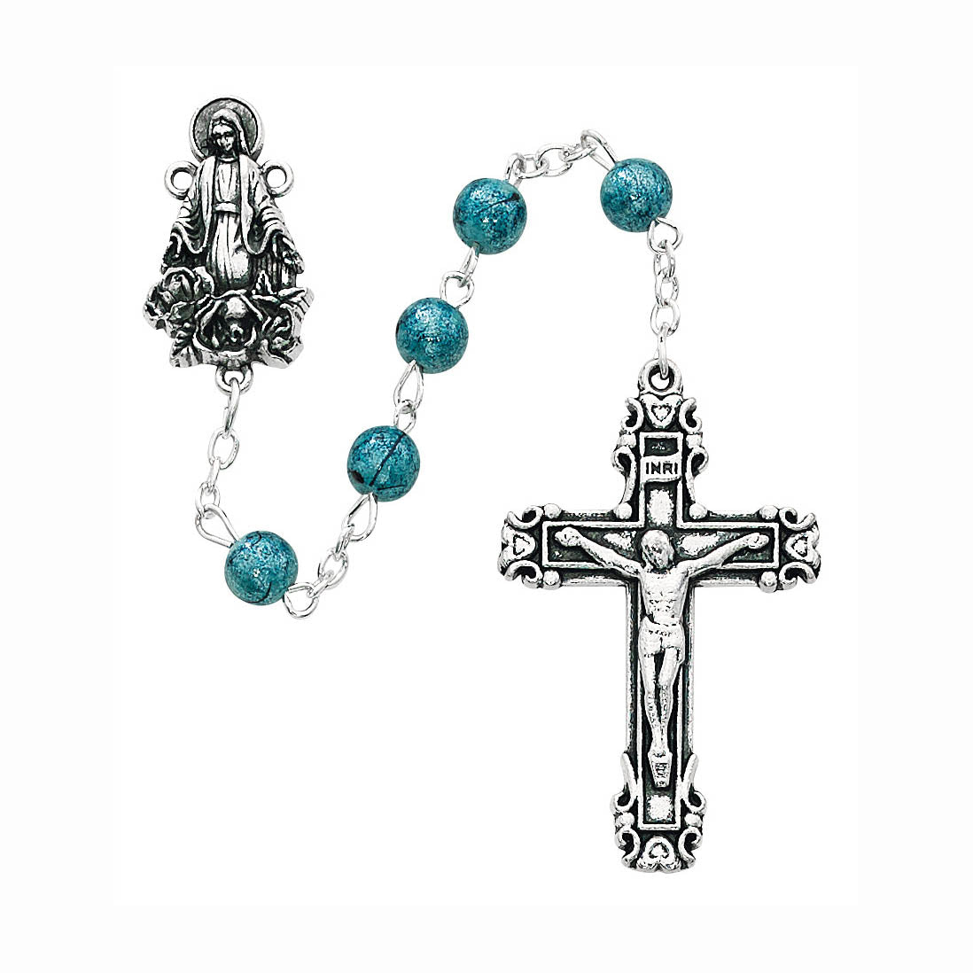 6mm Marble Blue Glass Rosary Beads with Miraculous Figure