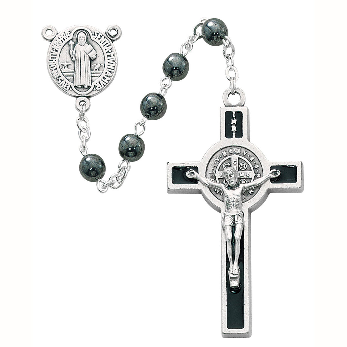 6mm Hematite Saint Benedict Rosary Beads for Men no. 440R