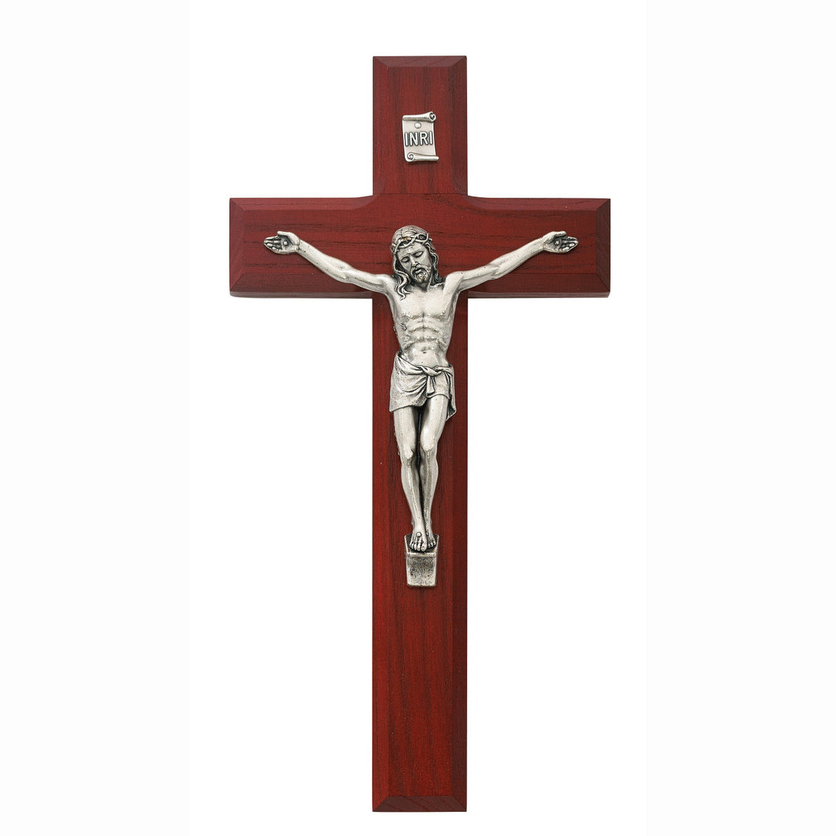 8 inch Beveled Cherry Crucifix with Silver Finish Corpus - no. 81-13