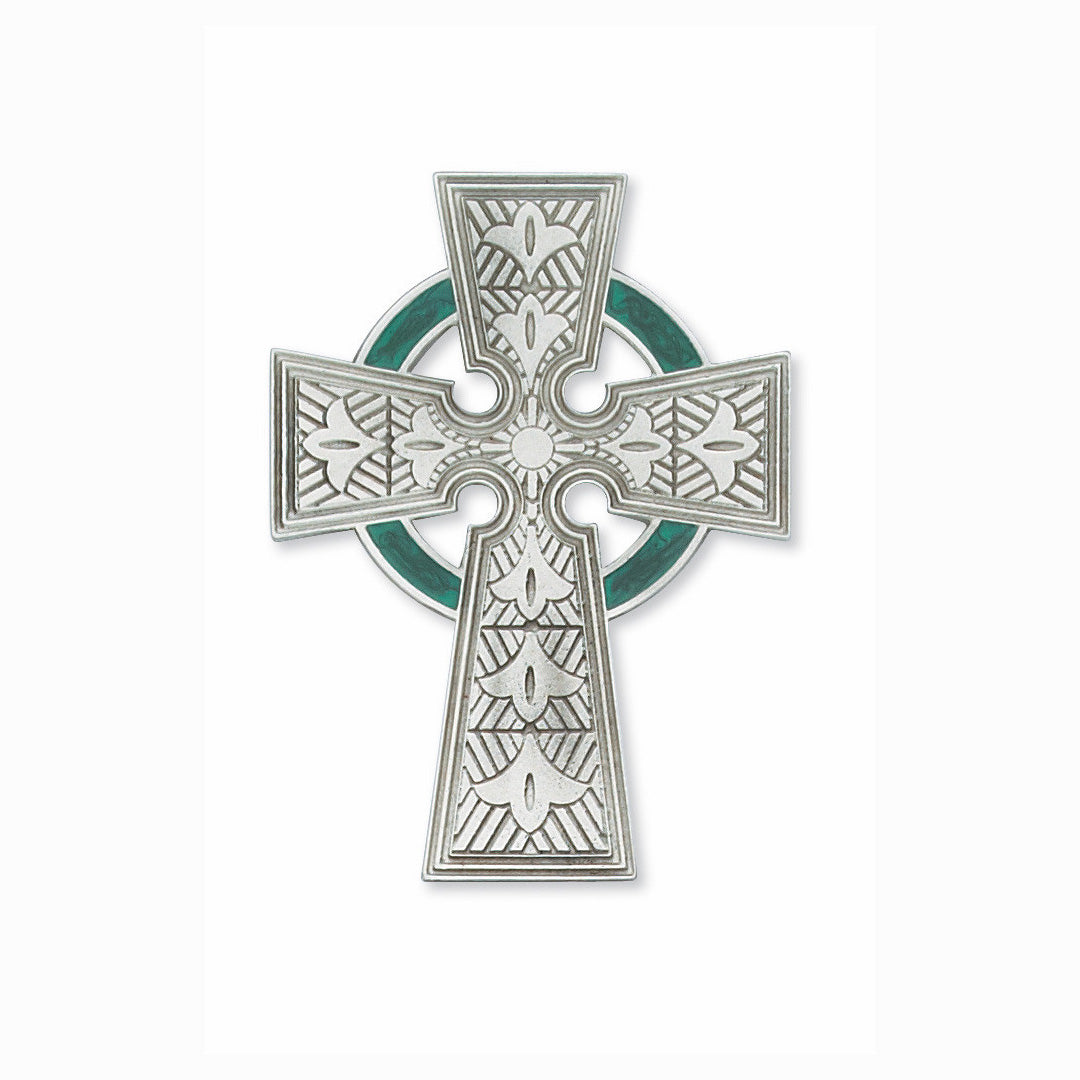 Pewter Celtic Cross with Green Enamel - 4 3/4in