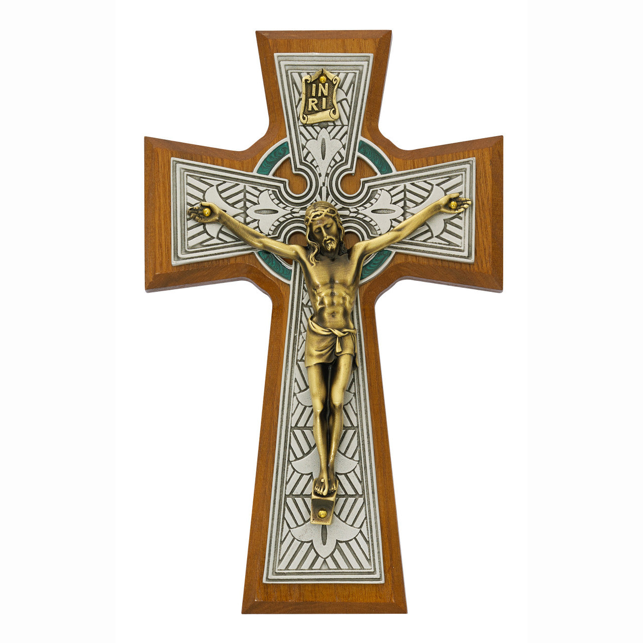 Walnut and Tutone Celtic Crucifix - 8in