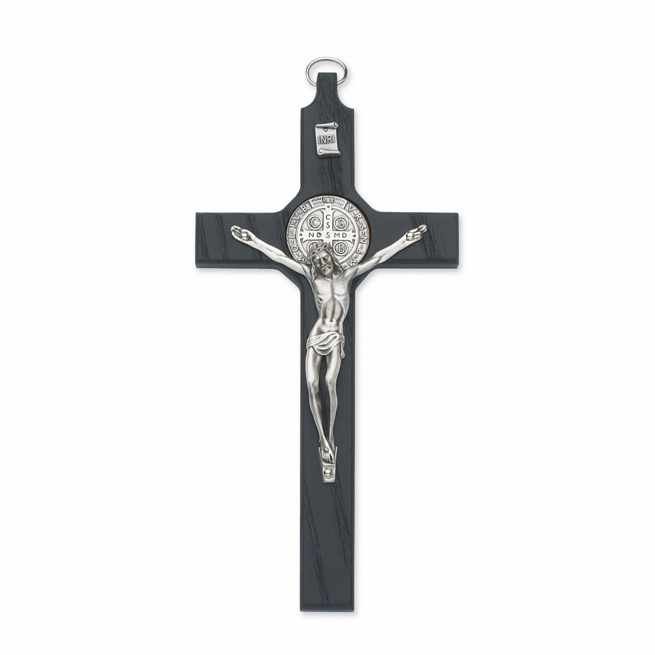 Black Wood Saint Benedict Wall Crucifix with Pewter Corpus - 8 inches in length