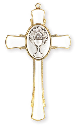 5in White Enamel Chalice Cross with Silver & Gold Details