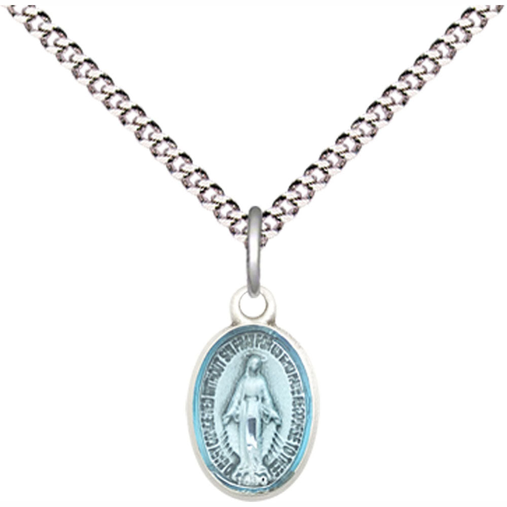 Petite Blue Enameled Sterking Miraculous Medal Necklace 0702EMSS/18S