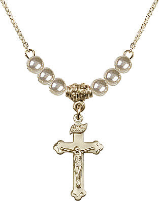 Gold Plate Crucifix Necklace with Pearl Beads N02-0669G