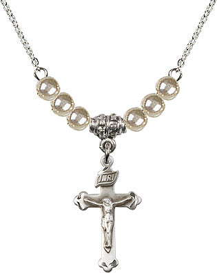 Silver Crucifix Necklace with Pearl Beads N02-0669S