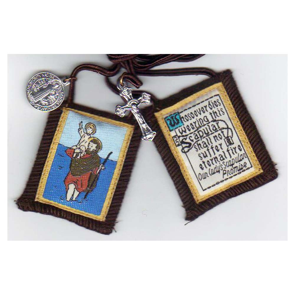 St. Christopher Brown Scapular - includes St, Benedict Jubilee Medal & Crucifix