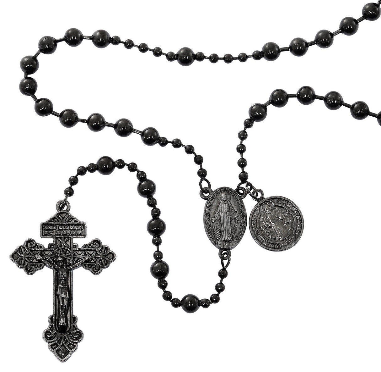 Black Gun Metal Battle Beads Rosary Boxed P372R