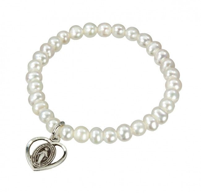 Freshwater Pearl 4mm Bracelet with Sterling Miraculous Medal