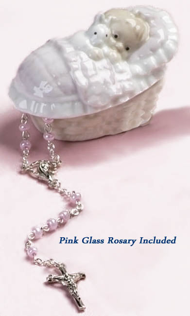 Baby Girl Porcelain Rosary Box with Pink GlassRosary - no. 31009