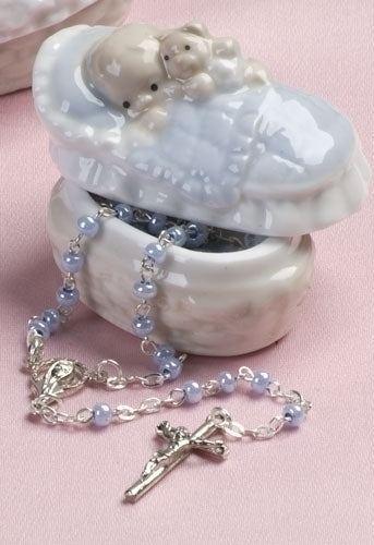 Baby Boy Porcelain Rosary Box with Blue Glass Rosary - no. 31008