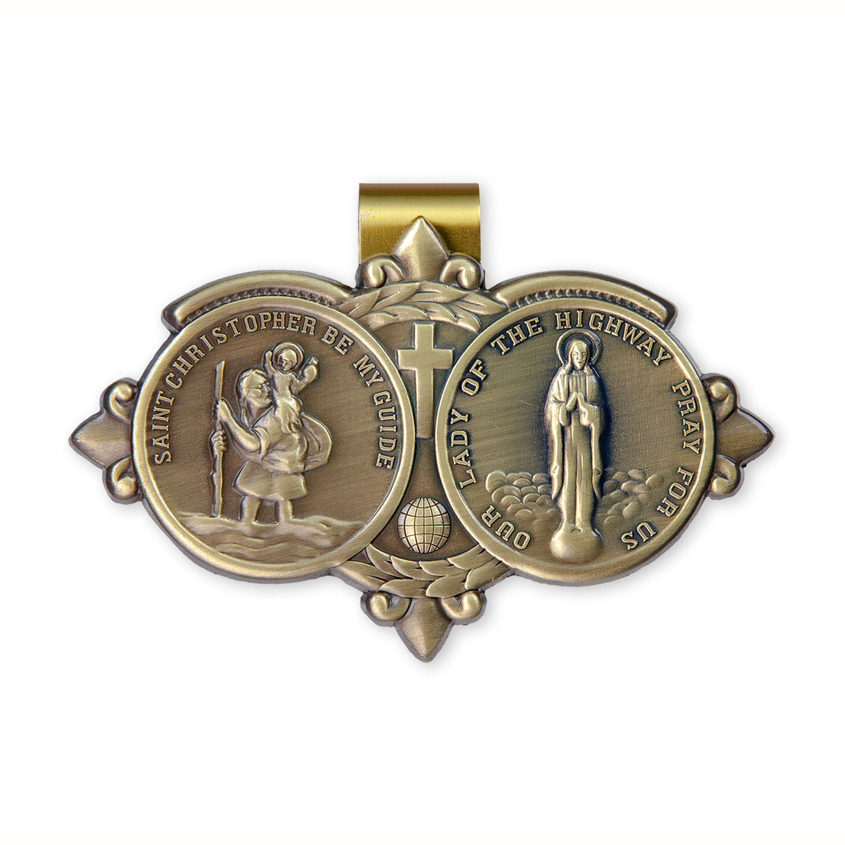 Bronze Tone St Christopher and Our Lady of The Highway Visor Clip