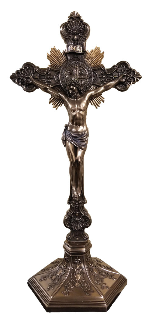 17" Standing Ornate St Benedict Crucifix in Cold Cast Bronze