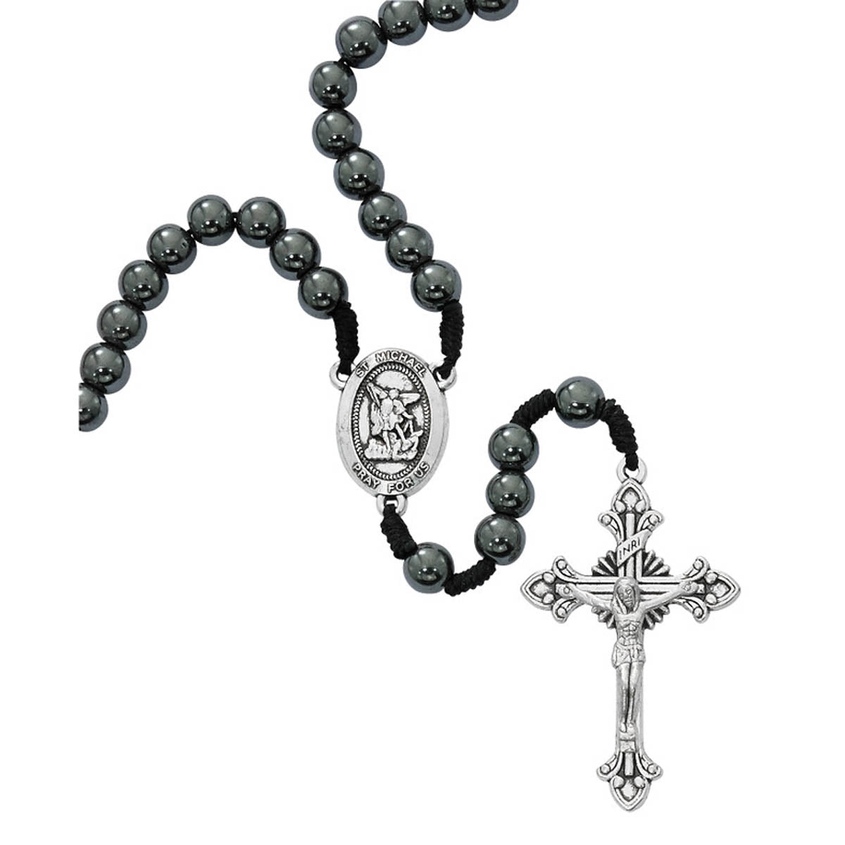 Corded St Michael Hematite Rosary from Italy P389C