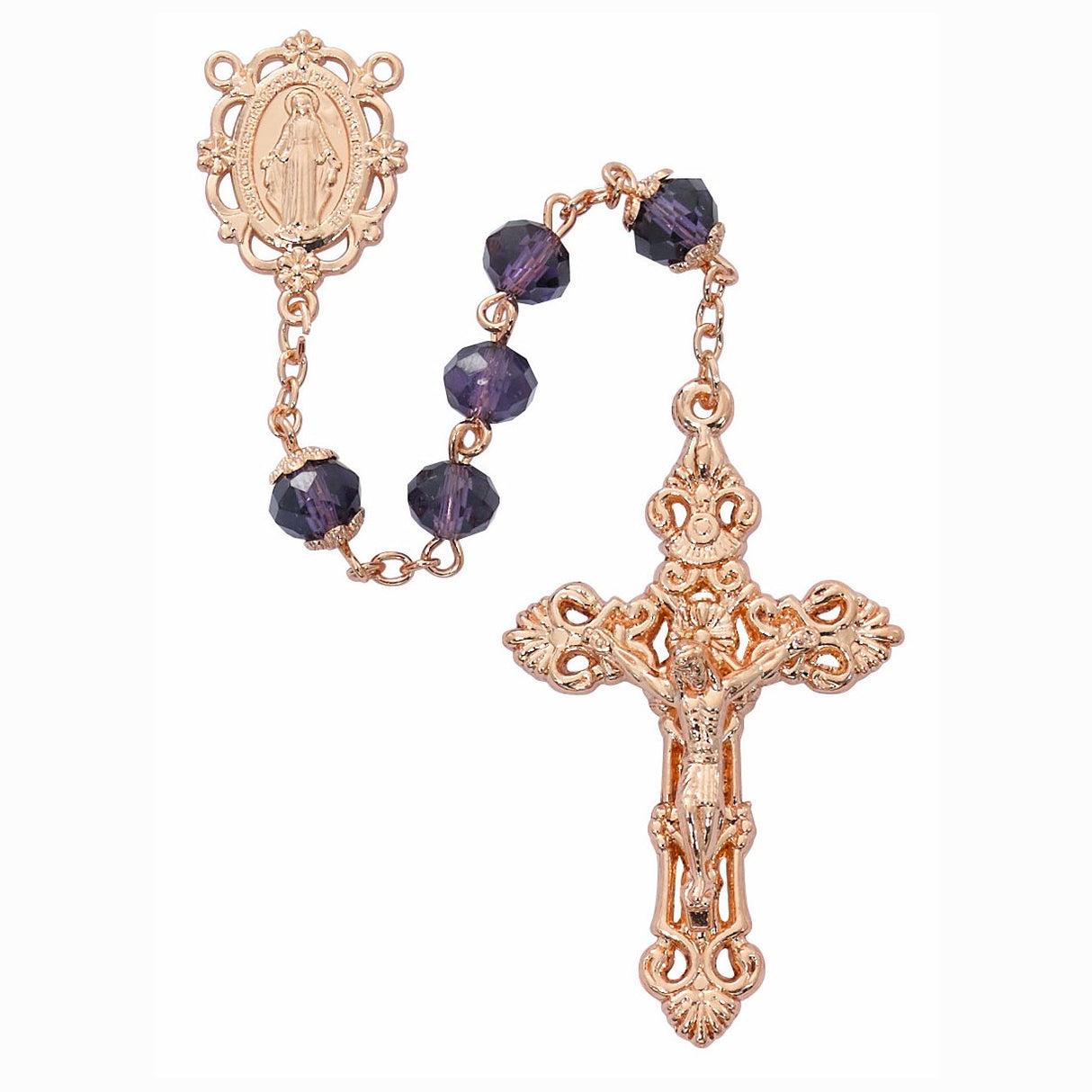 8mm Amethyst Crystal with Gold Finish Rosary Beads from Italy P387