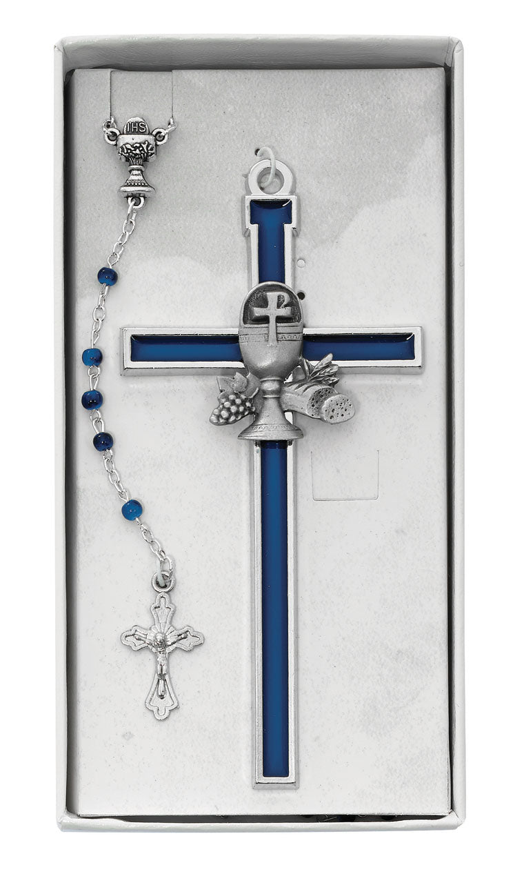 Blue Rosary and Pewter Cross 1st Communion Set CBS5