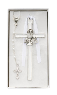 White Rosary and Pewter Cross 1st Communion Set CBS1
