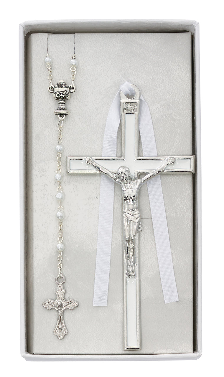 White Rosary and Crucifix 1st Communion Set CBS3