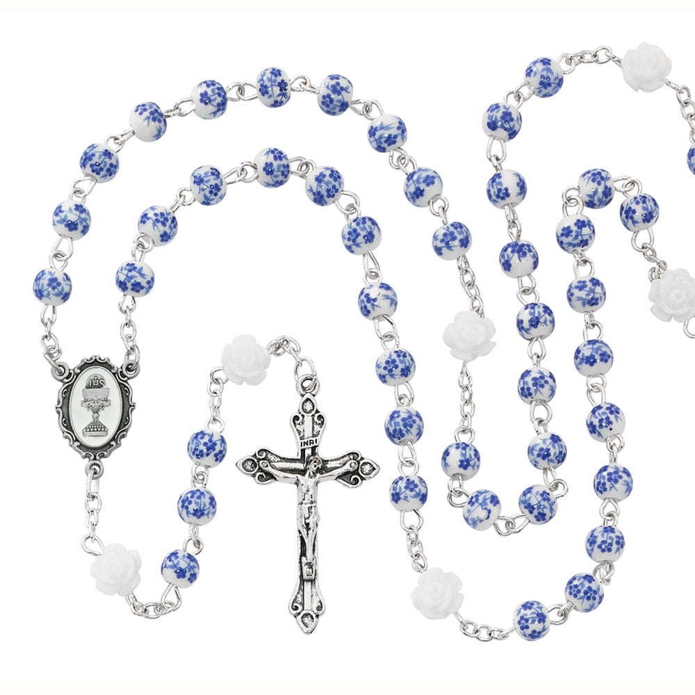 Blue and White Floral Ceramic Communion Rosary R767W