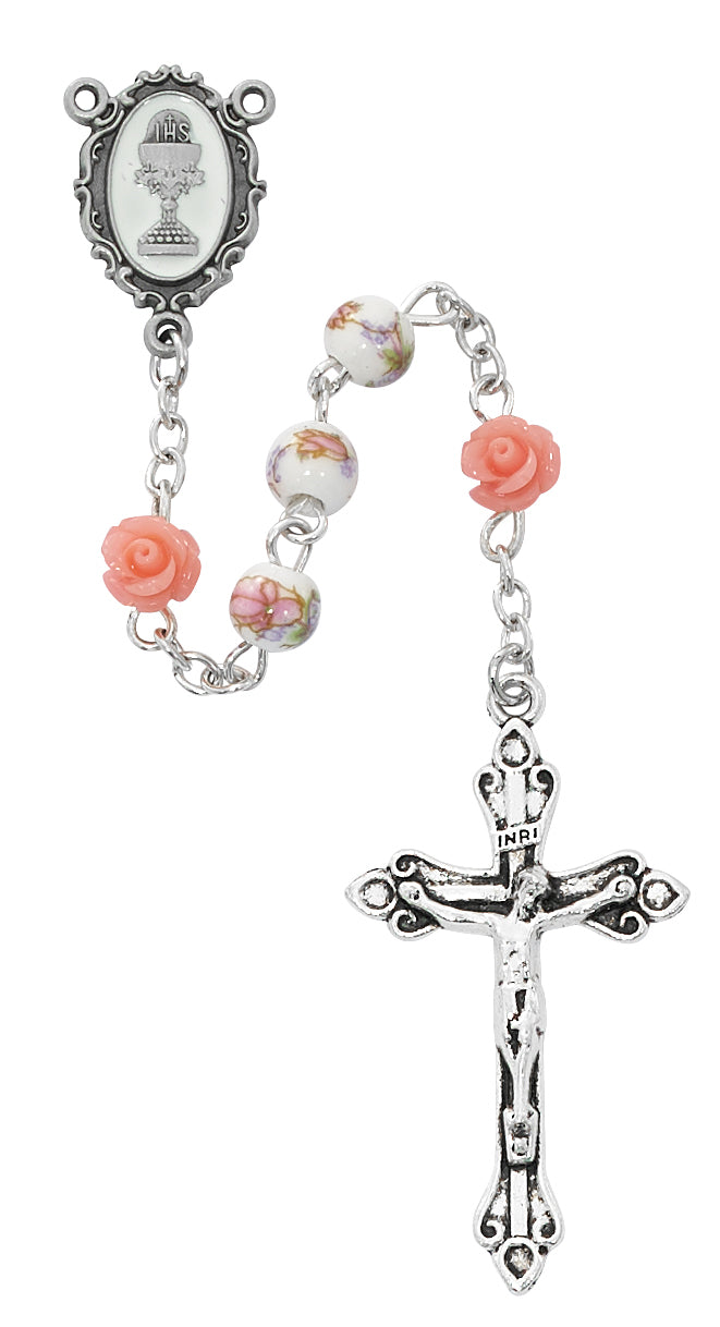 Pink and White Floral Ceramic Communion Rosary R768W