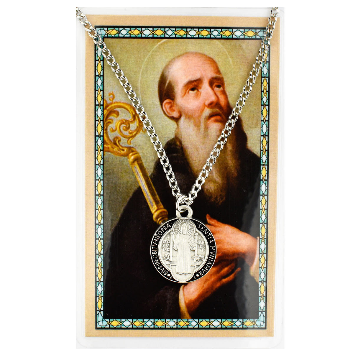 St Benedict Black Enameled Pendant & Holy Card Set