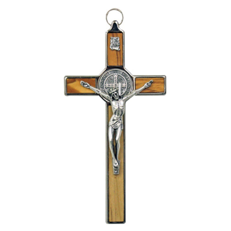 8 inch Olivewood Inset St. Benedict Silvertone Crucifix