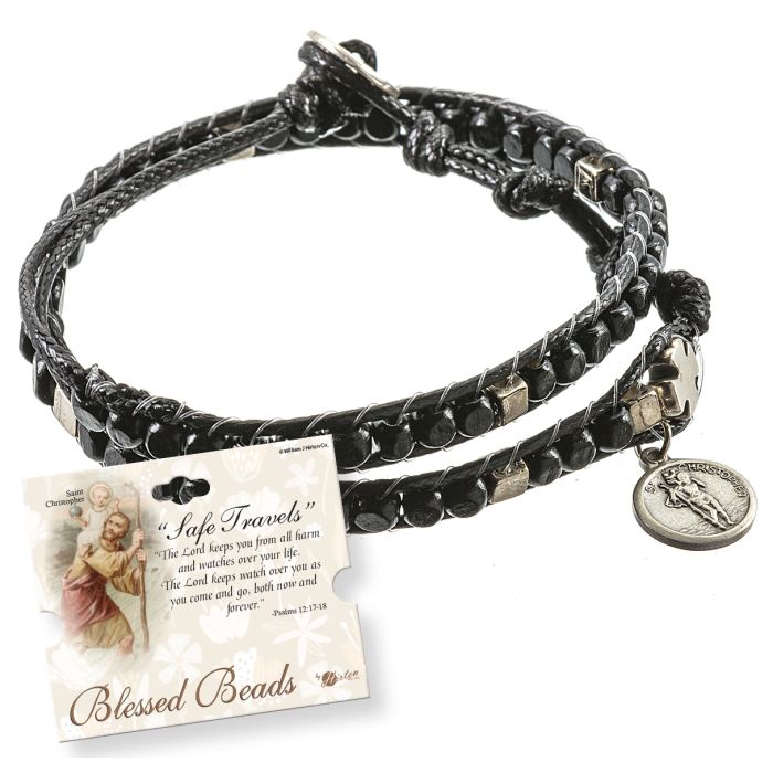 St Christopher Wrap Rosary Bracelet in Black Wood