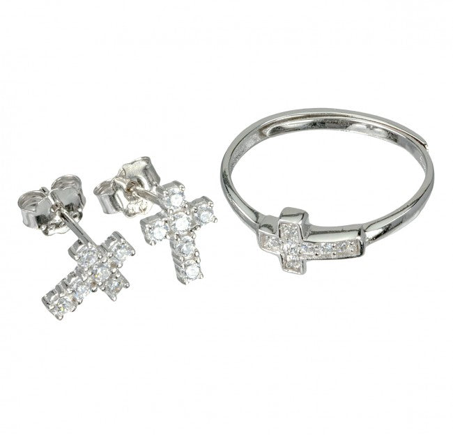 Sterling Zirconia Cross Earring and Ring Set