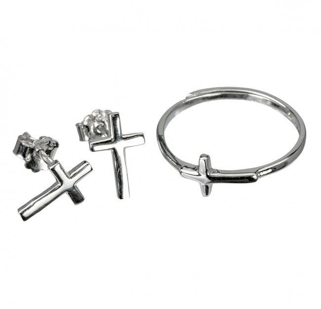 Sterling Silver Cross and Earring Ring Set 395R4
