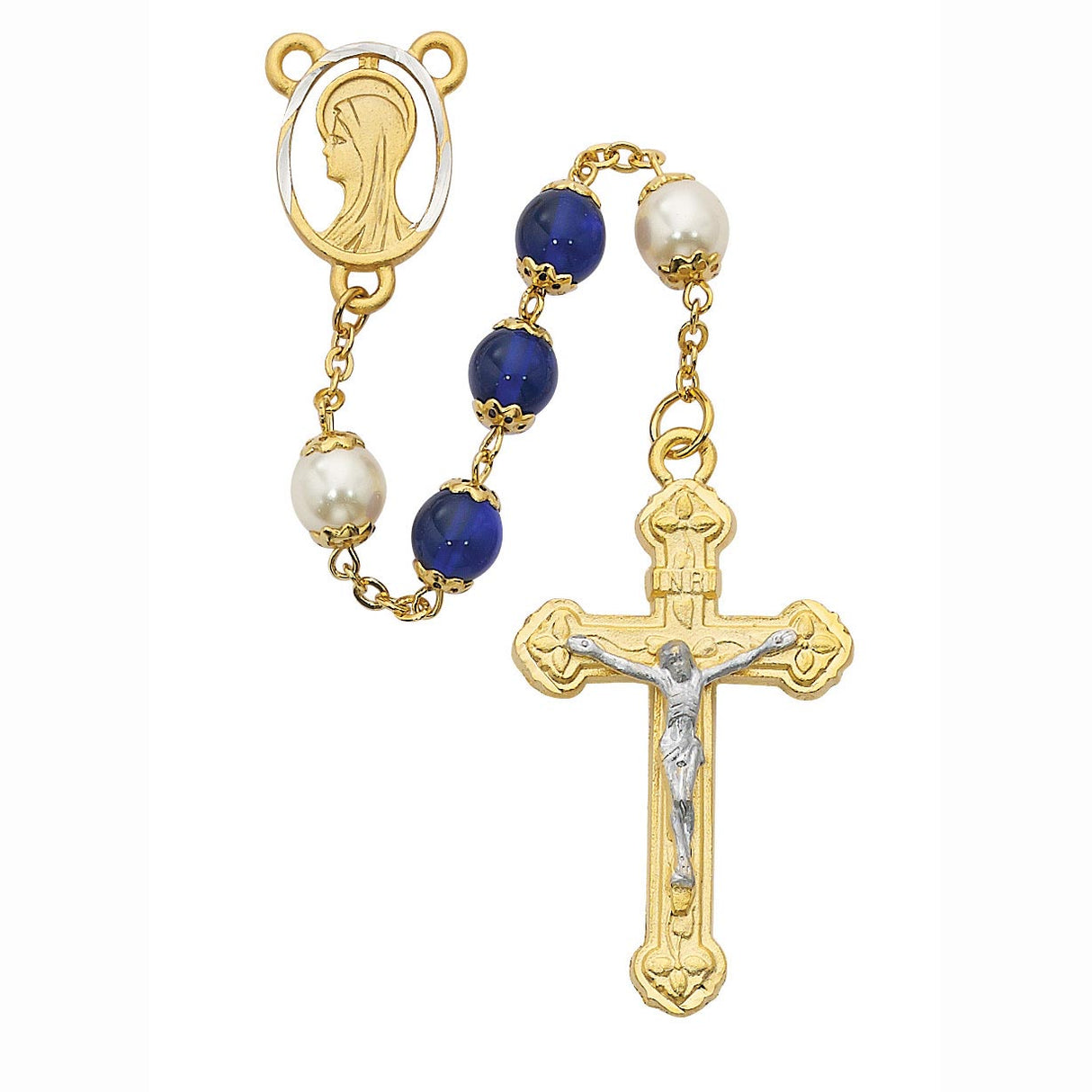 8mm Deep Blue and Pearl Bead 2 Tone Rosary