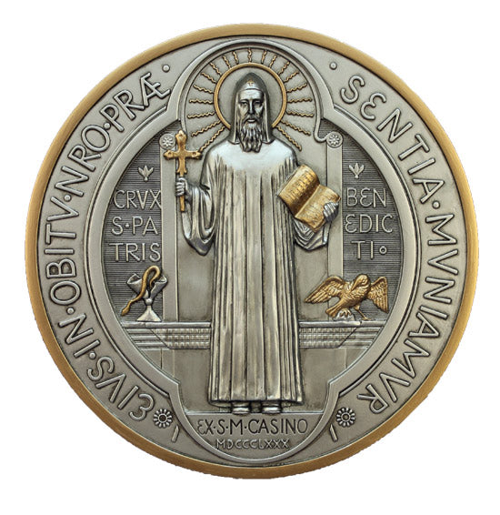 Pewter Finish Wall St Benedict Medal - 7 inches