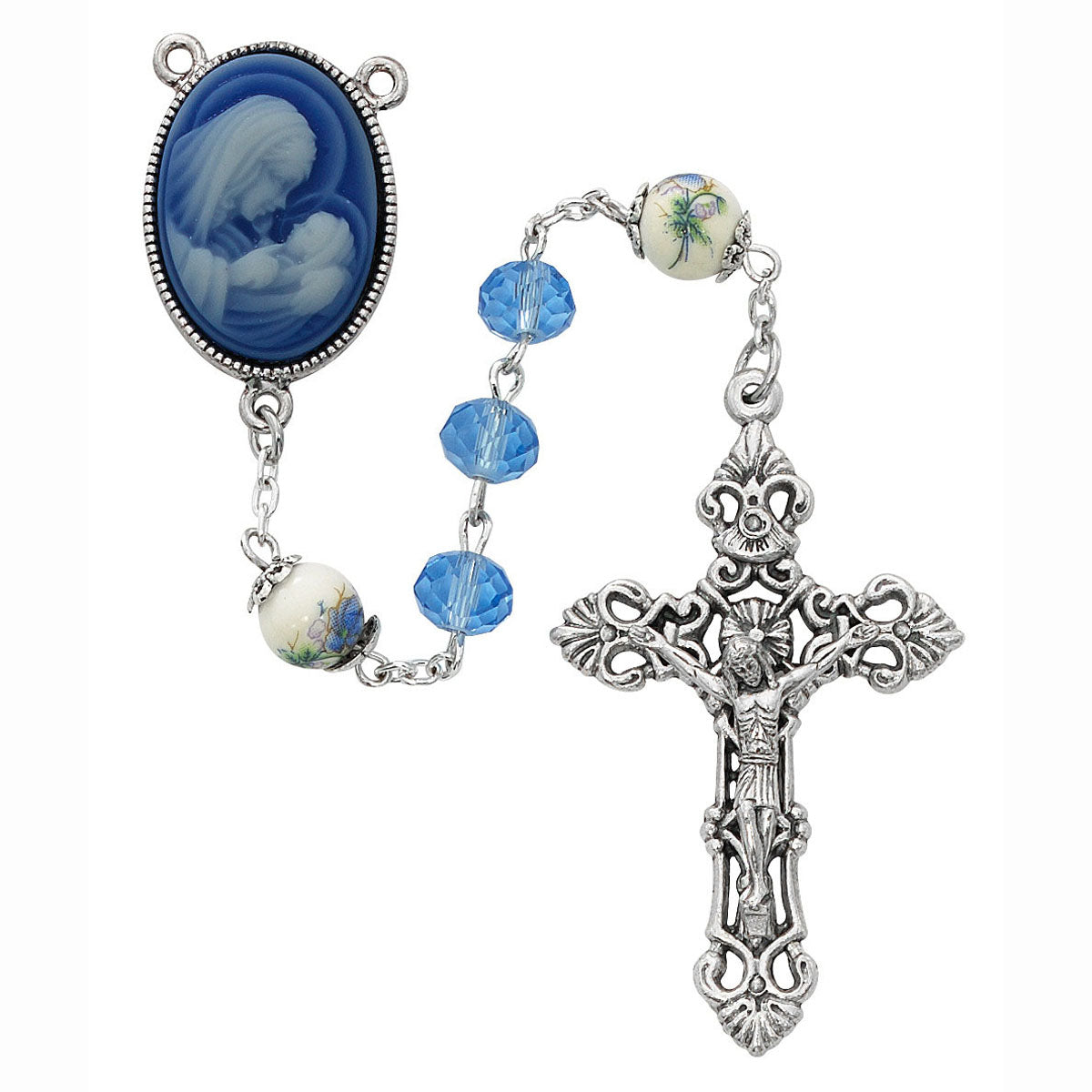 7mm Blue Crystal & Madonna with Child Cameo Rosary R724F