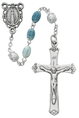 Oval Blue Swirl Bead Rosary R717F