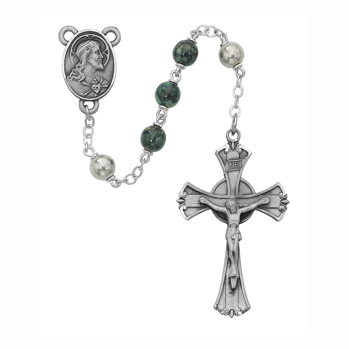 Deluxe 7mm Green Marblized & Pearl Bead Rosary 587D/F