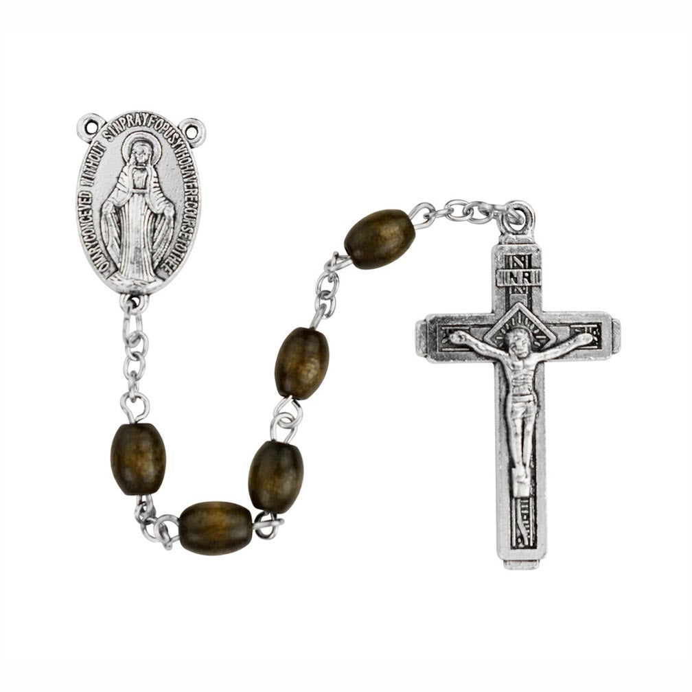 Brown Wood Miraculous Rosary Carded