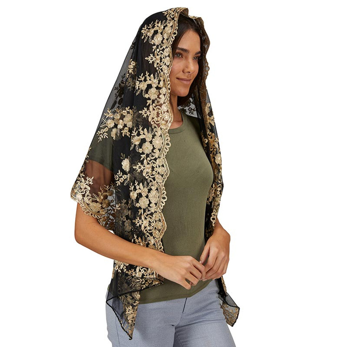 Two Tone Black & Gold Long Chapel Veil