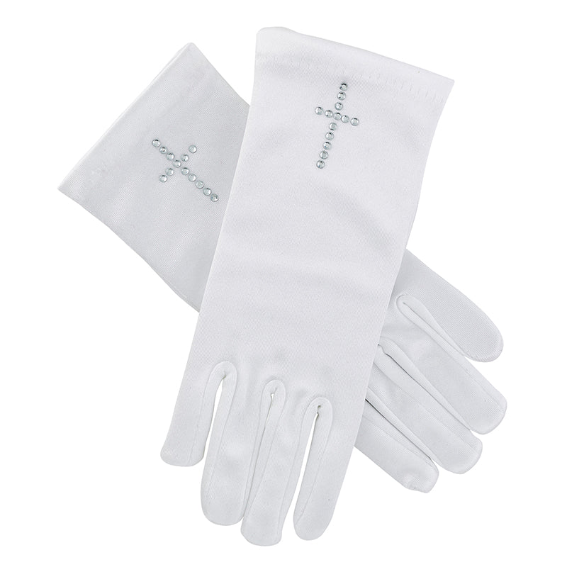 White Satin Gloves with Pearl Cross