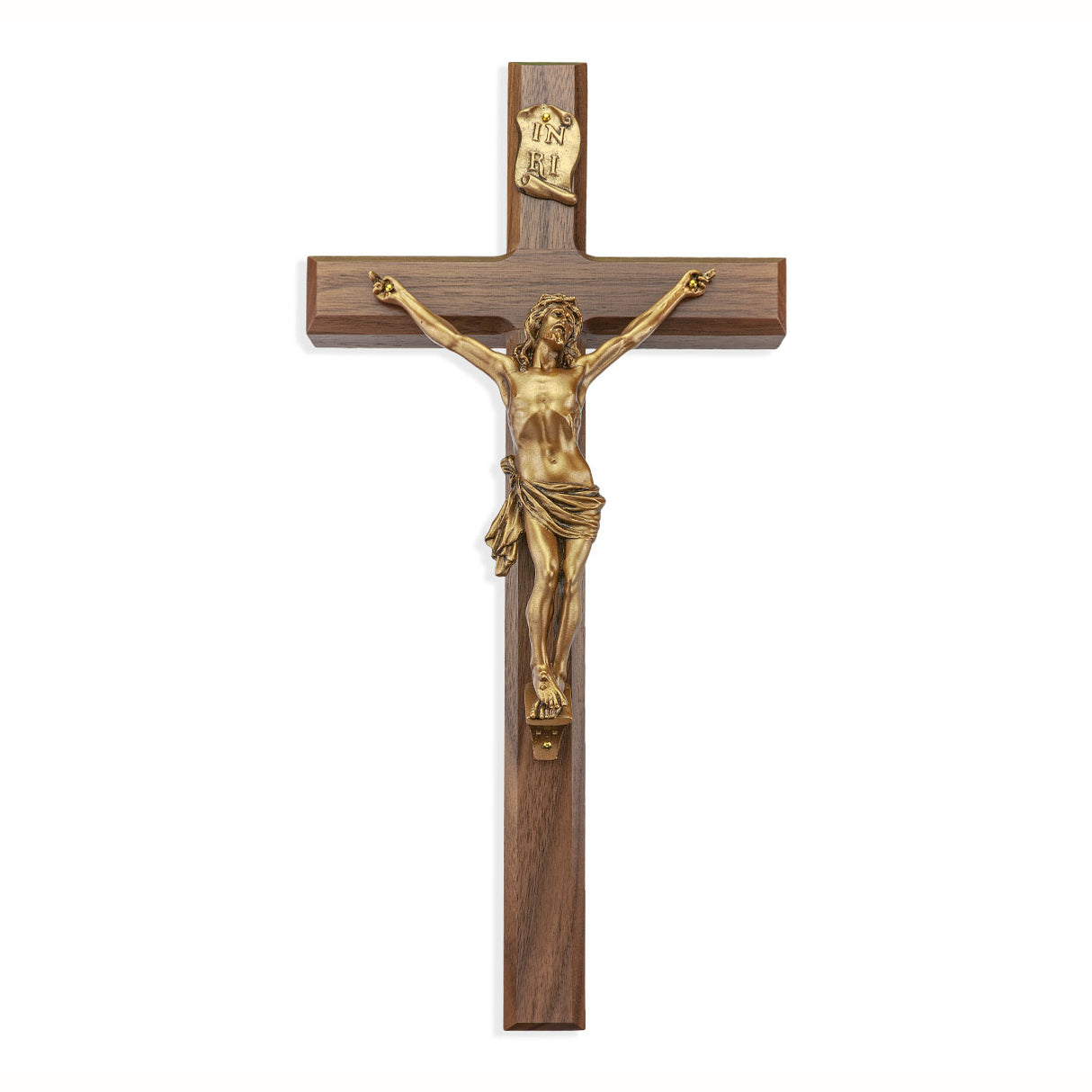 15 inch Gold Finish Christ in Agony Walnut Crucifix
