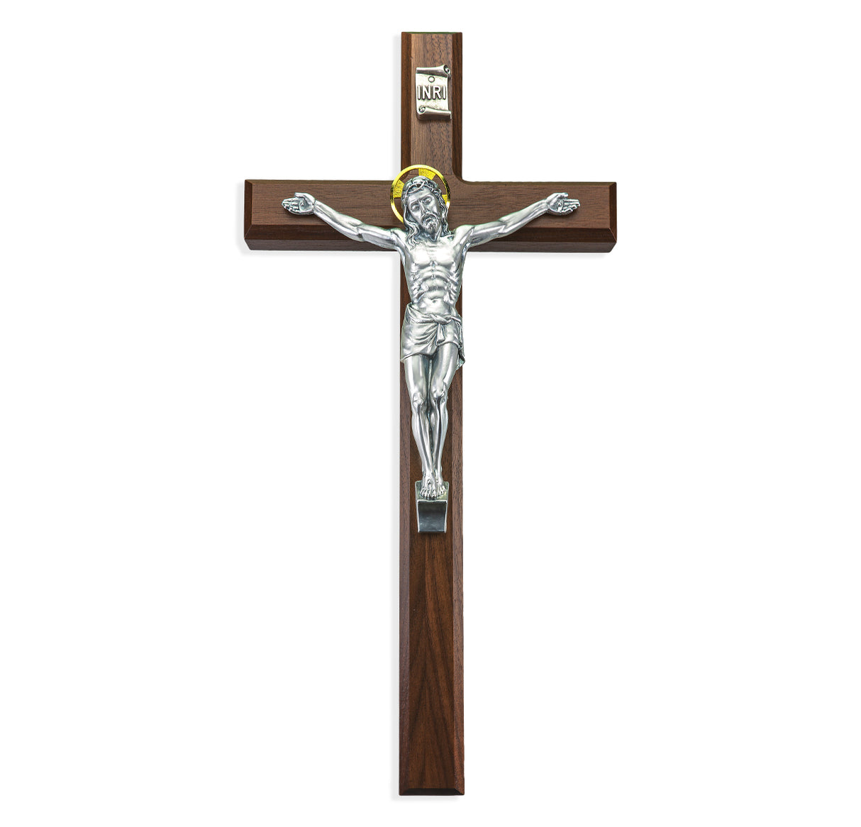 15 inch Pewter Salerni Walnut Wall Crucifix