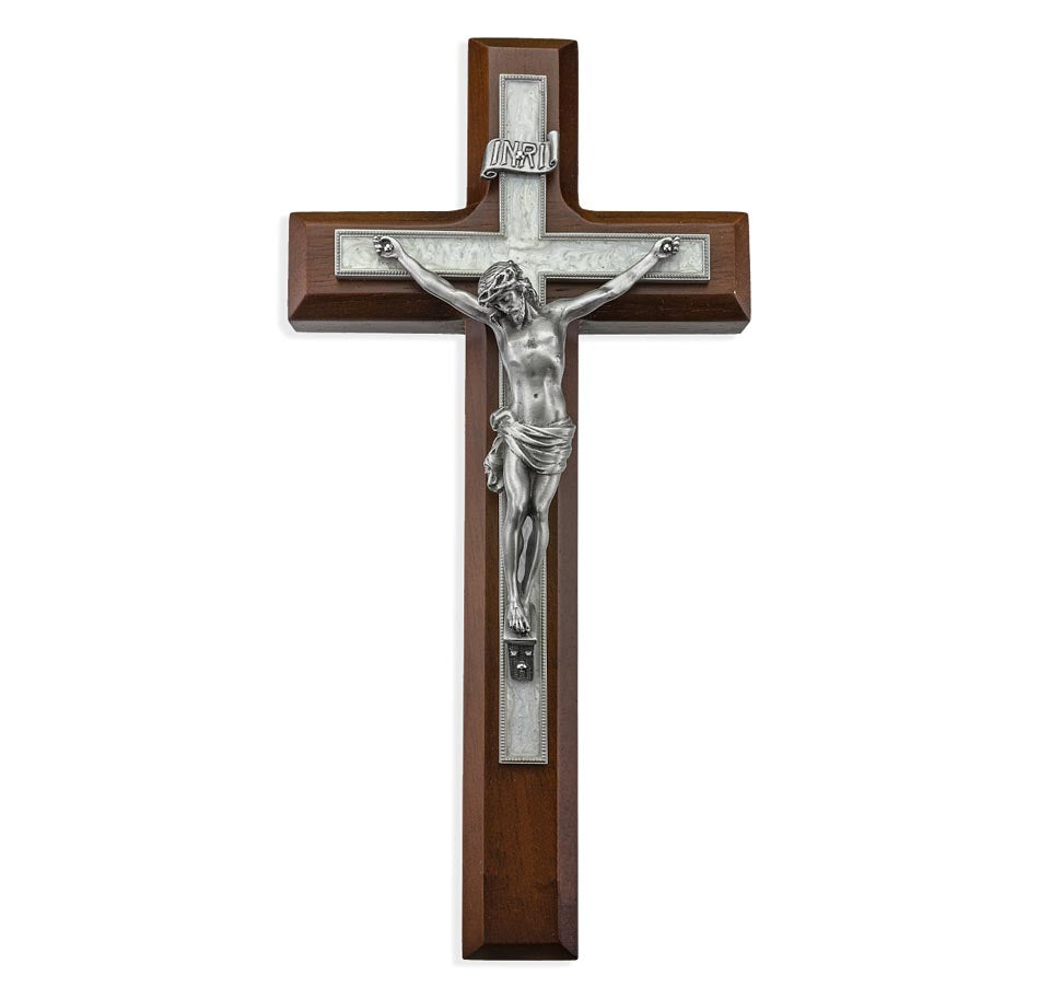 10 inch Pearlized Pewter and Walnut Crucifix