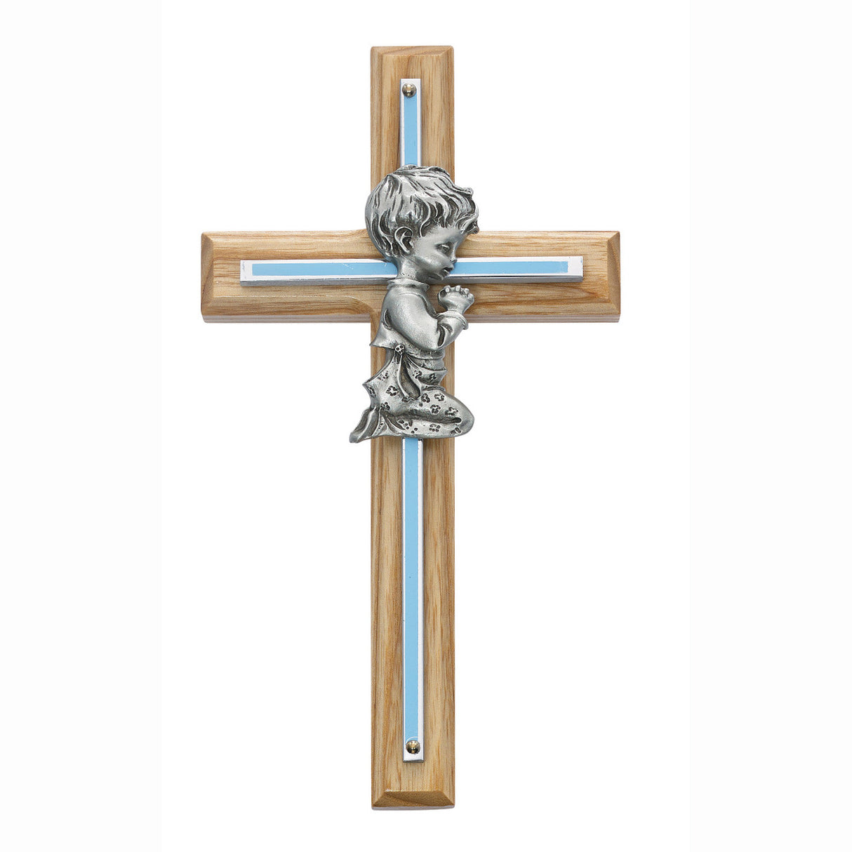 Boy's 7 inch Oak Wall Cross with Blue Enameled Overlay
