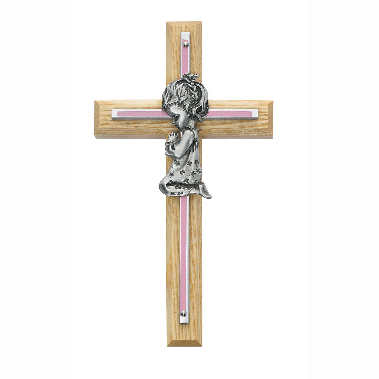 Girl's 7 inch Oak Wall Cross with Pink Enameled Overlay
