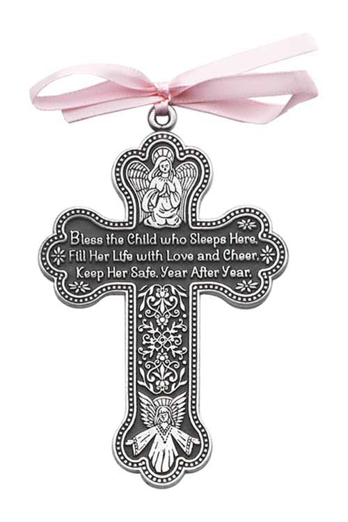 Cross Crib Medal with Pink Ribbon