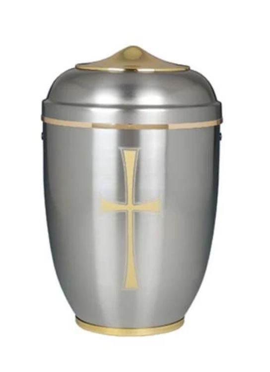 Brushed Aluminim Cremation Urn with Cross U-112