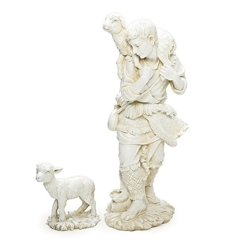 2 pc. Shepherd and Lamb Ivory Garden Statues