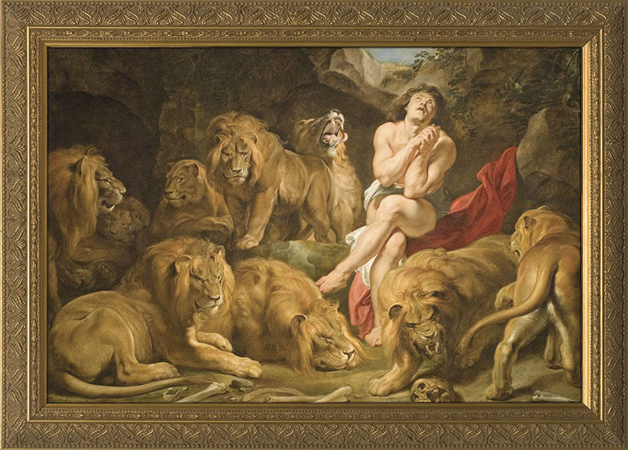 Daniel in the Lion's Den Framed Print in Gold Frame - 12x16 inch print