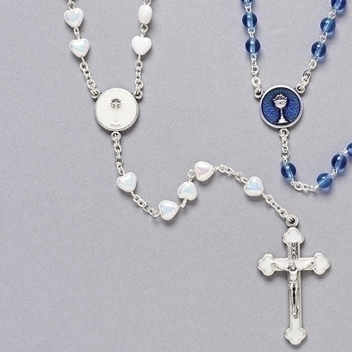 White Communion Rosary with Heart Beads