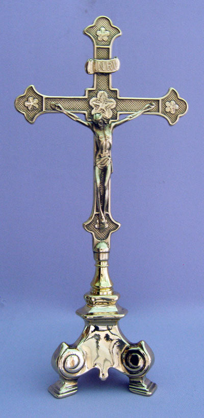 Standing Brass Crucifix with Tri-Fold Base - 13 inches tall